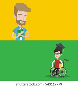 Two educational banners with space for text. Vector flat design. Horizontal layout. Graduate sitting in wheelchair. Student sitting in wheelchair. Disabled happy graduate sitting in wheelchair. Two educational banners with space for text. Vector flat design. Horizontal layout. Graduate sitting in wheelchair. Student sitting in wheelchair. Disabled happy graduate sitting in wheelchair.