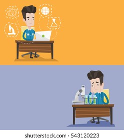 Two educational banners with space for text. Vector flat design. Horizontal layout. Student sitting at table and working on laptop. Student working on laptop connected with icons of school sciences.