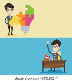 Two educational banners with space for text. Vector flat design. Horizontal layout. Student raising hand for an answer. Student sitting at the desk with raised hand. Schoolboy raising hand at lesson.