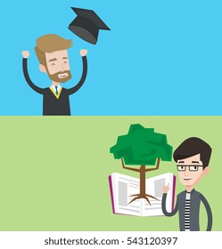 Two educational banners with space for text. Vector flat design. Horizontal layout. Excited graduate in cloak and graduation hat. Graduate throwing up his hat. Graduate with hands raised celebrating.