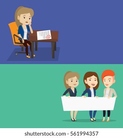 Two educational banners with space for text. Vector flat design. Horizontal layout. Sad student looking at test paper with bad mark. Student failed test. Student dissatisfied with the test results.