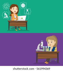 Two educational banners with space for text. Vector flat design. Horizontal layout. Student sitting at table and working on laptop. Student working on laptop connected with icons of school sciences.