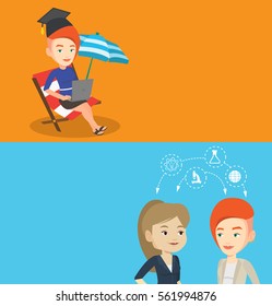 Two educational banners with space for text. Vector flat design. Horizontal layout. Students sharing with ideas during brainstorming. Young students brainstorming. Brainstorming in education concept.