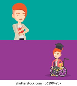 Two educational banners with space for text. Vector flat design. Horizontal layout. Graduate sitting in wheelchair. Student sitting in wheelchair. Disabled caucasian graduate sitting in wheelchair.