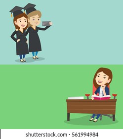 Two educational banners with space for text. Vector flat design. Horizontal layout. Cheerful graduates in cloaks and graduation caps making selfie. Caucasian graduates making selfie with cellphone.