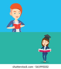 Two educational banners with space for text. Vector flat design. Horizontal layout. Student reading a book. Cheerful student reading a book and preparing for exam. Student holding a book in hands.