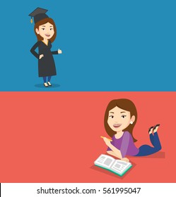 Two educational banners with space for text. Vector flat design. Horizontal layout. Graduate in cloak and graduation cap. Graduate giving thumb up. Joyful graduate celebrating. Concept of education.