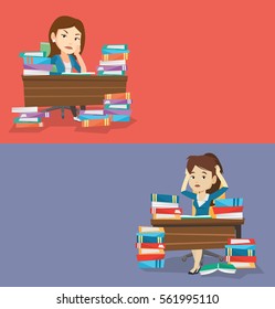 Two educational banners with space for text. Vector flat design. Horizontal layout. Stressed student sitting at table with books. Stressed student studying. Stressed student having too much to read.