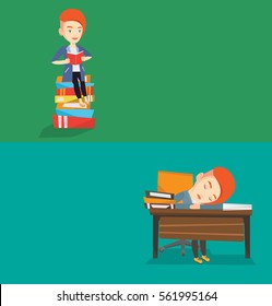 Two educational banners with space for text. Vector flat design. Horizontal layout. Fatigued student sleeping at the desk with books. Tired student sleeping after learning. Girl sleeping among books.