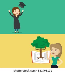 Two educational banners with space for text. Vector flat design. Horizontal layout. Excited graduate in cloak and graduation hat. Graduate throwing up her hat. Graduate with hands raised celebrating.
