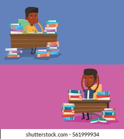 Two educational banners with space for text. Vector flat design. Horizontal layout. Stressed student sitting at table with books. Stressed student studying. Stressed student having too much to read.