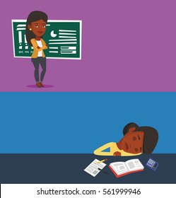 Two educational banners with space for text. Vector flat design. Horizontal layout. Exhausted student sleeping at the desk with book and exercise book. Tired african student sleeping after learning.