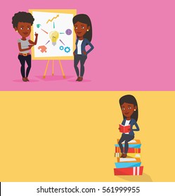 Two educational banners with space for text. Vector flat design. Horizontal layout. Student sitting on huge pile of books. Student reading book. Student sitting on stack of books with book in hands.