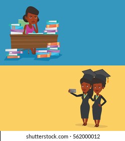 Two educational banners with space for text. Vector flat design. Horizontal layout. Angry student studying with textbooks. Annoyed student studying hard before exam. Student studying in the library.