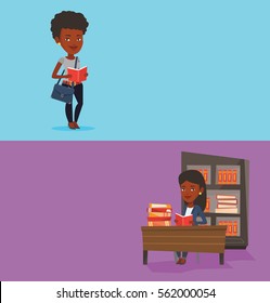 Two educational banners with space for text. Vector flat design. Horizontal layout. African student reading a book. Student reading a book and preparing for exam. Student standing with book in hands.