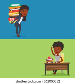Two educational banners with space for text. Vector flat design. Horizontal layout. Student raising hand for an answer. Student sitting at the desk with raised hand. Student raising hand at seminar.