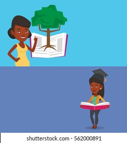 Two educational banners with space for text. Vector flat design. Horizontal layout. African student standing on the background of tree growing from open book. Student pointing at tree of knowledge.