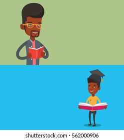 Two educational banners with space for text. Vector flat design. Horizontal layout. Student reading a book. African student reading a book and preparing for exam. Student holding a book in hands.