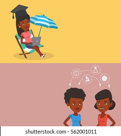 Two educational banners with space for text. Vector flat design. Horizontal layout. Students sharing with the ideas during brainstorm. African students brainstorming. Brainstorm in education concept.