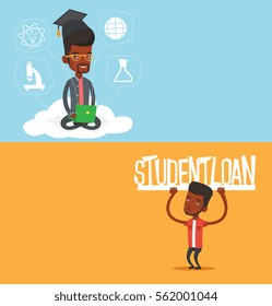 Two educational banners with space for text. Vector flat design. Horizontal layout. African-american man holding a sign of student loan. Disappointed young man carrying heavy sign - student loan.