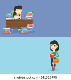 Two educational banners with space for text. Vector flat design. Horizontal layout. Asian annoyed student studying before exam. Student studying with textbooks. Bored student studying in the library.