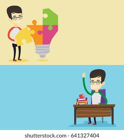 Two educational banners with space for text. Vector flat design. Horizontal layout. Student raising hand for an answer. Student sitting at the desk with raised hand. Schoolboy raising hand at lesson.