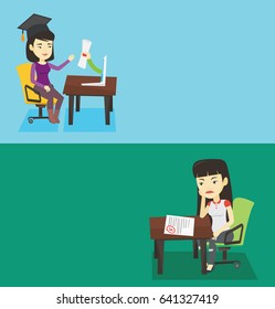 Two educational banners with space for text. Vector flat design. Horizontal layout. Sad student looking at test paper with bad mark. Student failed test. Student dissatisfied with the test results.