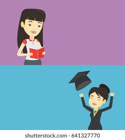 Two educational banners with space for text. Vector flat design. Horizontal layout. Excited graduate in cloak and graduation hat. Graduate throwing up his hat. Graduate with hands raised celebrating.
