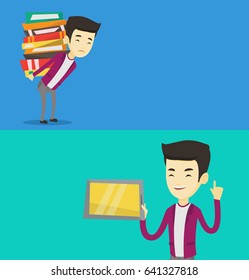 Two educational banners with space for text. Vector flat design. Horizontal layout. Student using tablet computer. Student holding tablet computer and pointing finger up.Educational technology concept