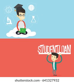 Two educational banners with space for text. Vector flat design. Horizontal layout. Asian exhausted man holding a heavy sign of student loan. Young tired man carrying heavy sign - student loan.