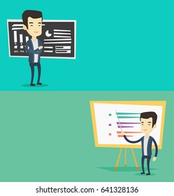 Two educational banners with space for text. Vector flat design. Horizontal layout. Teacher standing in front of chalkboard. Teacher with folded arms standing in classroom. Teacher holding a pointer.
