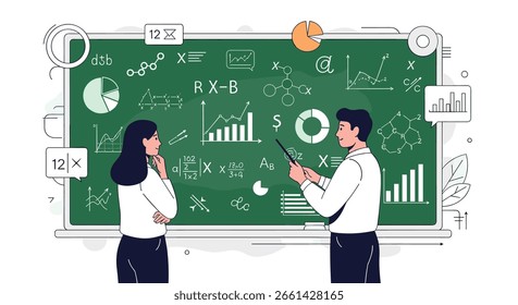 Two educators discuss mathematical formulas and charts on a green chalkboard during a lesson