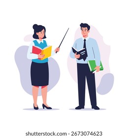 Dois educadores discutindo material educacional segurando livros e ponteiro ilustrando uma lição