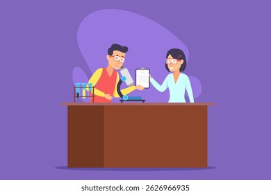 Two educators interacting at classroom desk, sharing clipboard and discussing science topics. Microscope and test tubes highlighting engaging learning environment