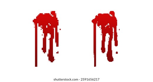 Two eerie pixel style blood splatters with long, trailing drips. The left appears more solid, while the right looks more splattered and chaotic. Ideal for horror, crime, and thriller visuals, evoking