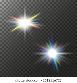 Two effects of sunlight, lens flare, star or light explosion on transparent background.Colors:white, yellow, orange, blue, green and purple.Suitable for adding shine, glow. EPS10 vector illustration. 