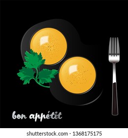 Two egg yolks sprinkled with salt and pepper with a sprig of parsley and a fork on a black background. Realistic vector illustration