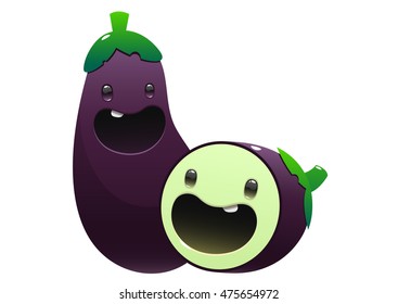 two eggplant cartoon character bright juicy on a white background isolated