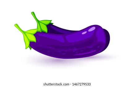 Two eggplants, aubergines or brinjals with green calyxes at the top. Purple vegetable using as meet substitute in vegan and vegetarian cuisines. Vector cartoon icon isolated on white background.