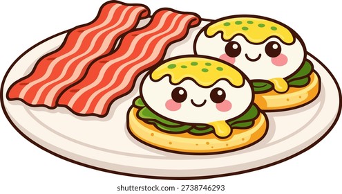Two eggs benedict with bacon on the side, served on a plate. The eggs are topped with hollandaise sauce and placed on a bed of spinach, making for a delicious breakfast dish.