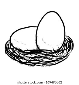two eggs in nest cartoon / black and white vector and illustration, hand drawn, sketch style, isolated on white background.