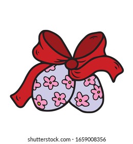 Two eggs painted with flowers and tied with a ribbon with a bow .Vector design for banners and postcards, on a white isolated background.Easter Holiday