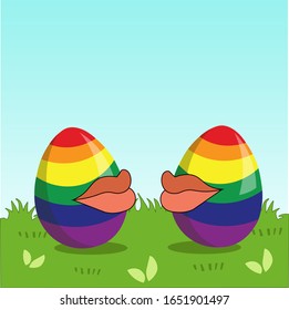 Two eggs are painted in rainbow colors with red female lips on easter eggs. flag LGBT, LGBT. Easter, valentines day for gays and lesbians, gay pride, party, homosexual marriage, married couple.