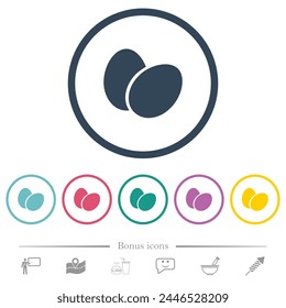 Two eggs solid flat color icons in round outlines. 6 bonus icons included.