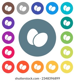 Two eggs solid flat white icons on round color backgrounds. 17 background color variations are included.