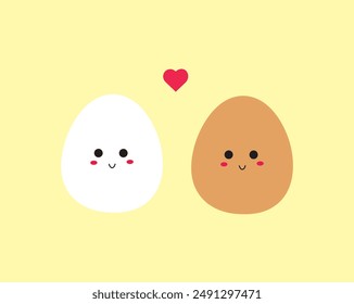 Two eggs with a white and brown colour isolated on a yellow background with a smile expression. Art, cartoons, food, protein, lover, love couple, sticker, vector, icons and emoji. Flat cartoon style. 