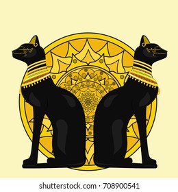 Two Egyptian cats in the background of a yellow circle