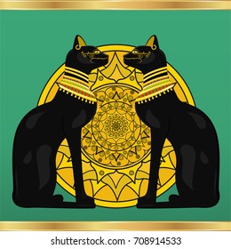 Two Egyptian cats on a green background