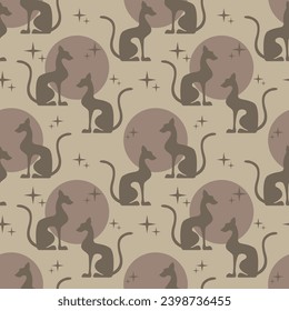 Two egyptian cats shape silhouette sitting. Sun background. Vector illustration. Brown seamless pattern.