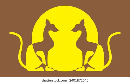 Two egyptian cats shape silhouette sitting. Colorful sun background. Vector illustration.